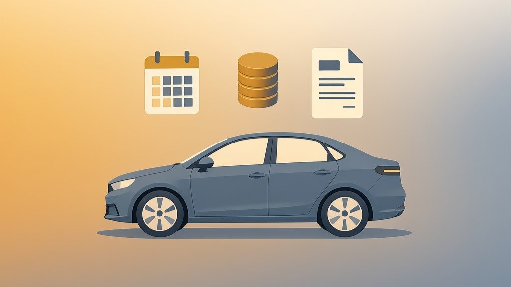 Carro parado com elementos abstratos de comparação financeira ao redor — calendário e moedas simplificadas
