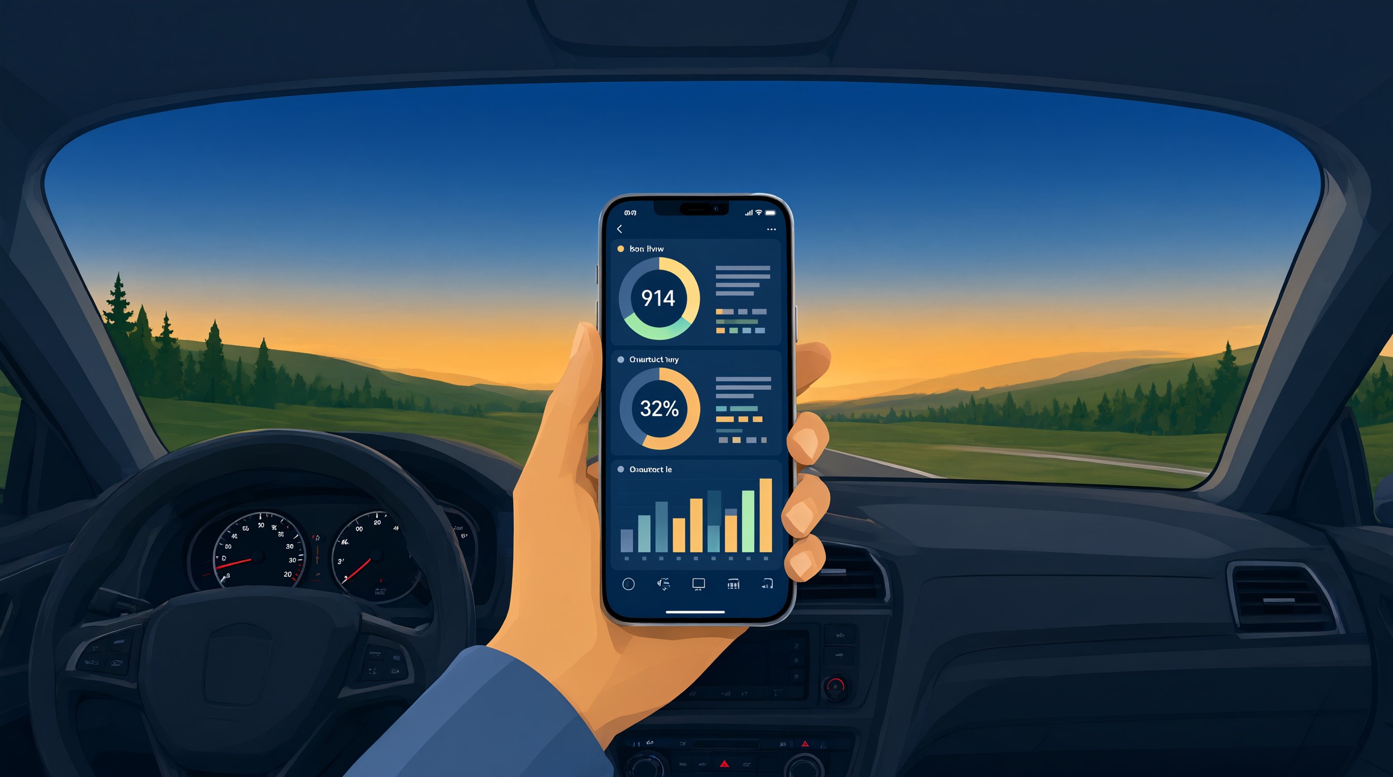 Motorista consultando painel de KPIs no celular — lucro por hora e custo por km em destaque