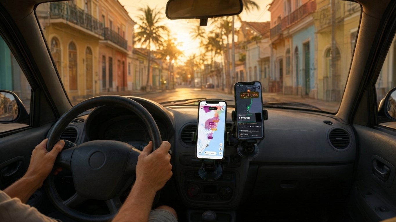 Motorista de aplicativo posicionado estrategicamente ao amanhecer com painel e apps visíveis na Grande Vitória
