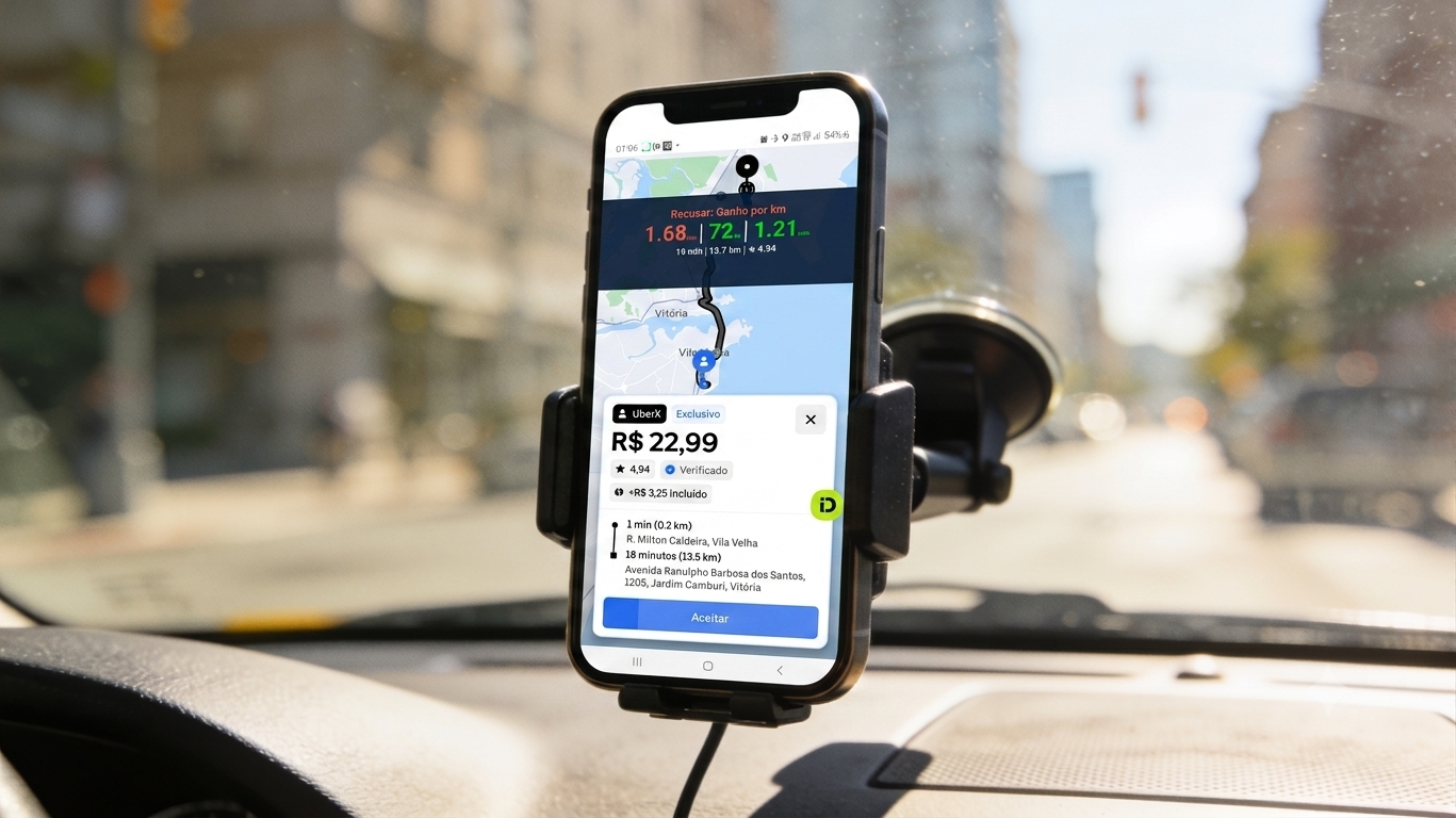 Monitor de chamadas com três métricas verdes para filtro de corridas no Uber