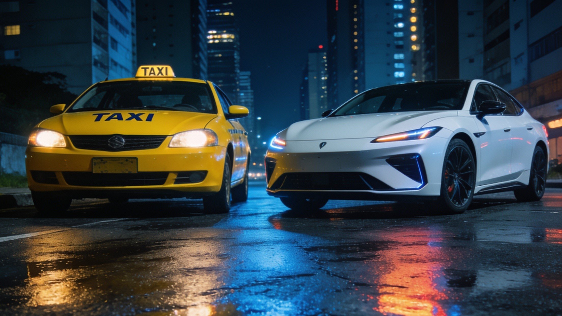 Táxi amarelo e carro de aplicativo lado a lado em via urbana noturna — nova realidade da disputa nas categorias Uber
