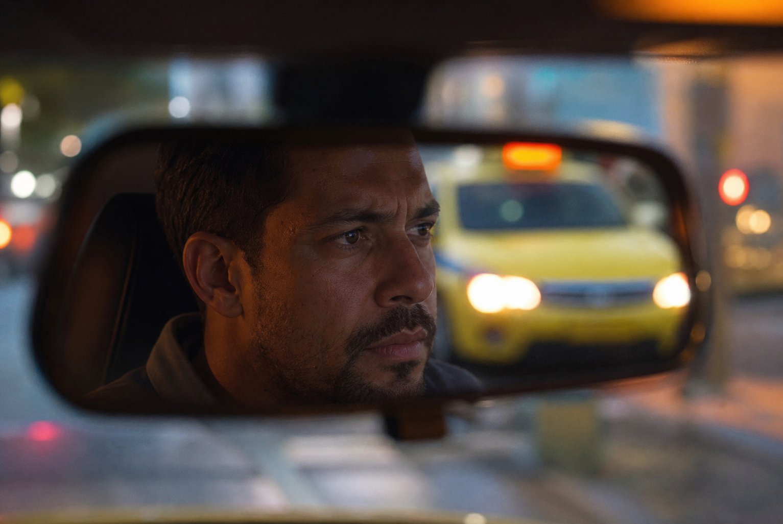 Motorista de aplicativo olhando pelo espelho retrovisor ao anoitecer — representando a virada de atenção após a liberação dos taxistas nas categorias Uber