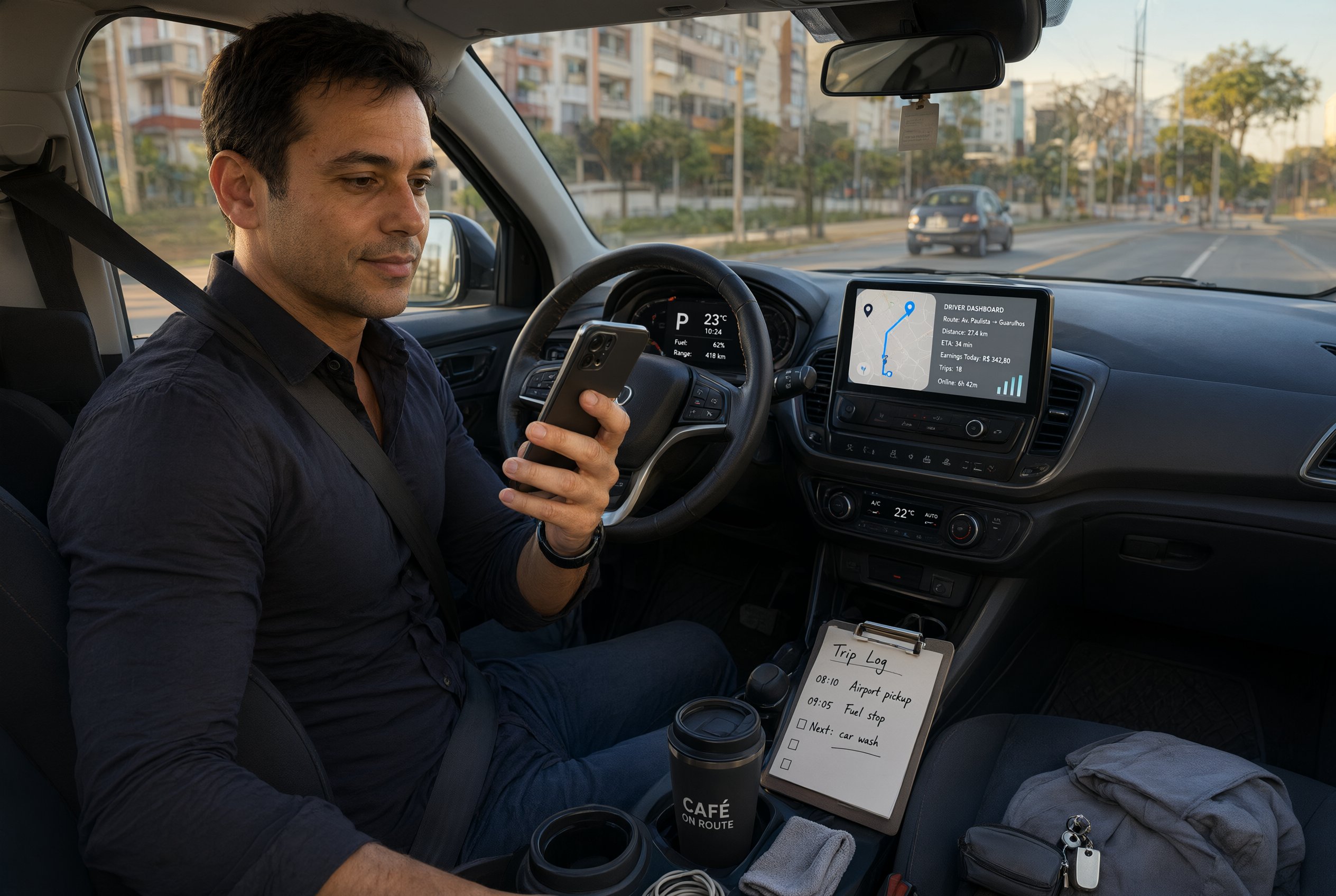 Motorista profissional com carro limpo e bem organizado, checando métricas no celular — imagem de gestão ativa do negócio de motorista de app