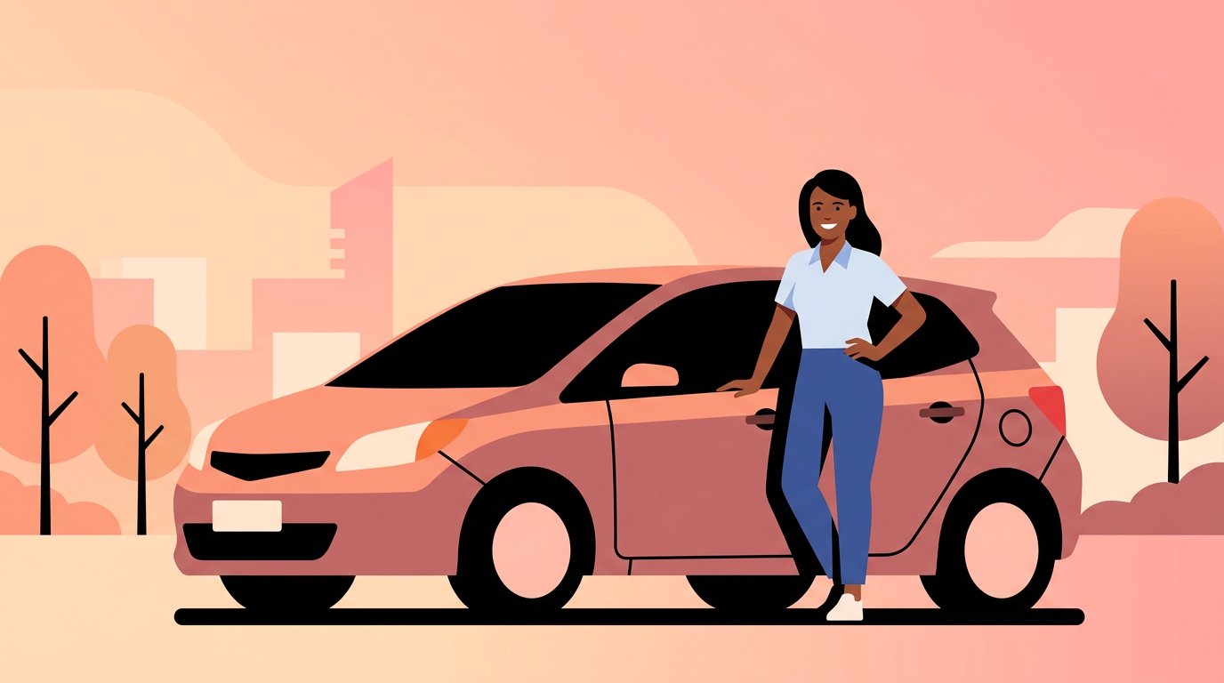 Mulher motorista de aplicativo ao lado do carro elegível ao Move Brasil
