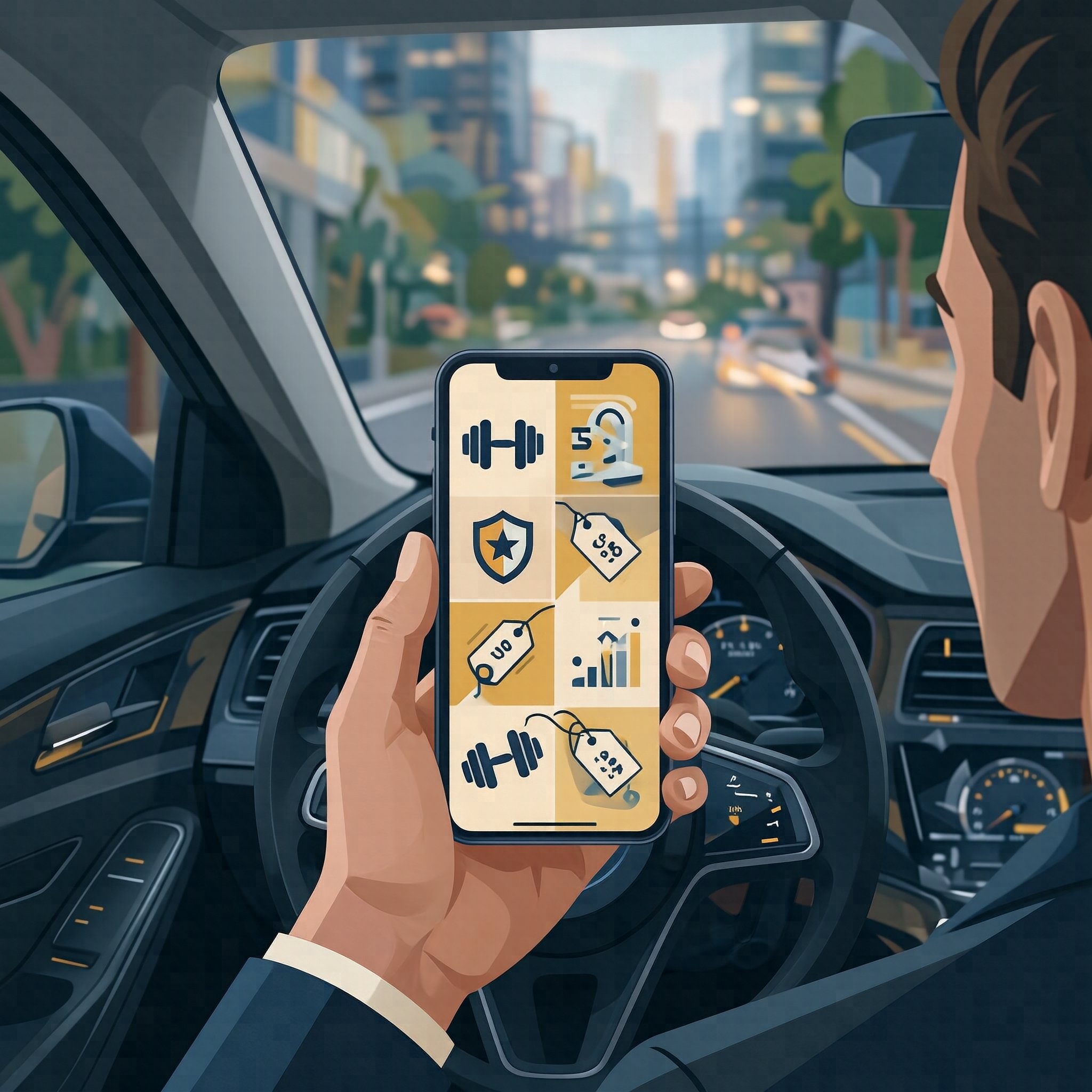 Motorista consultando os benefícios do Uber Pro no aplicativo, incluindo acesso a academias
