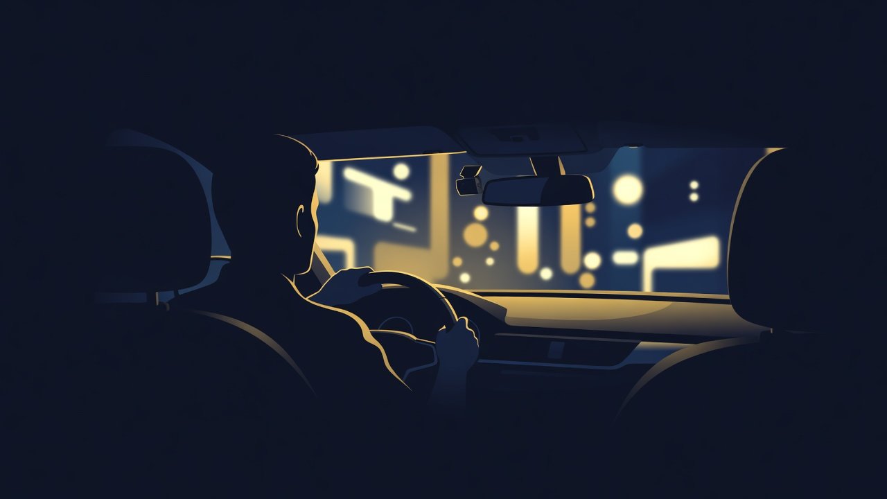 Motorista de aplicativo ao volante à noite com câmera veicular no para-brisa — segurança em três camadas