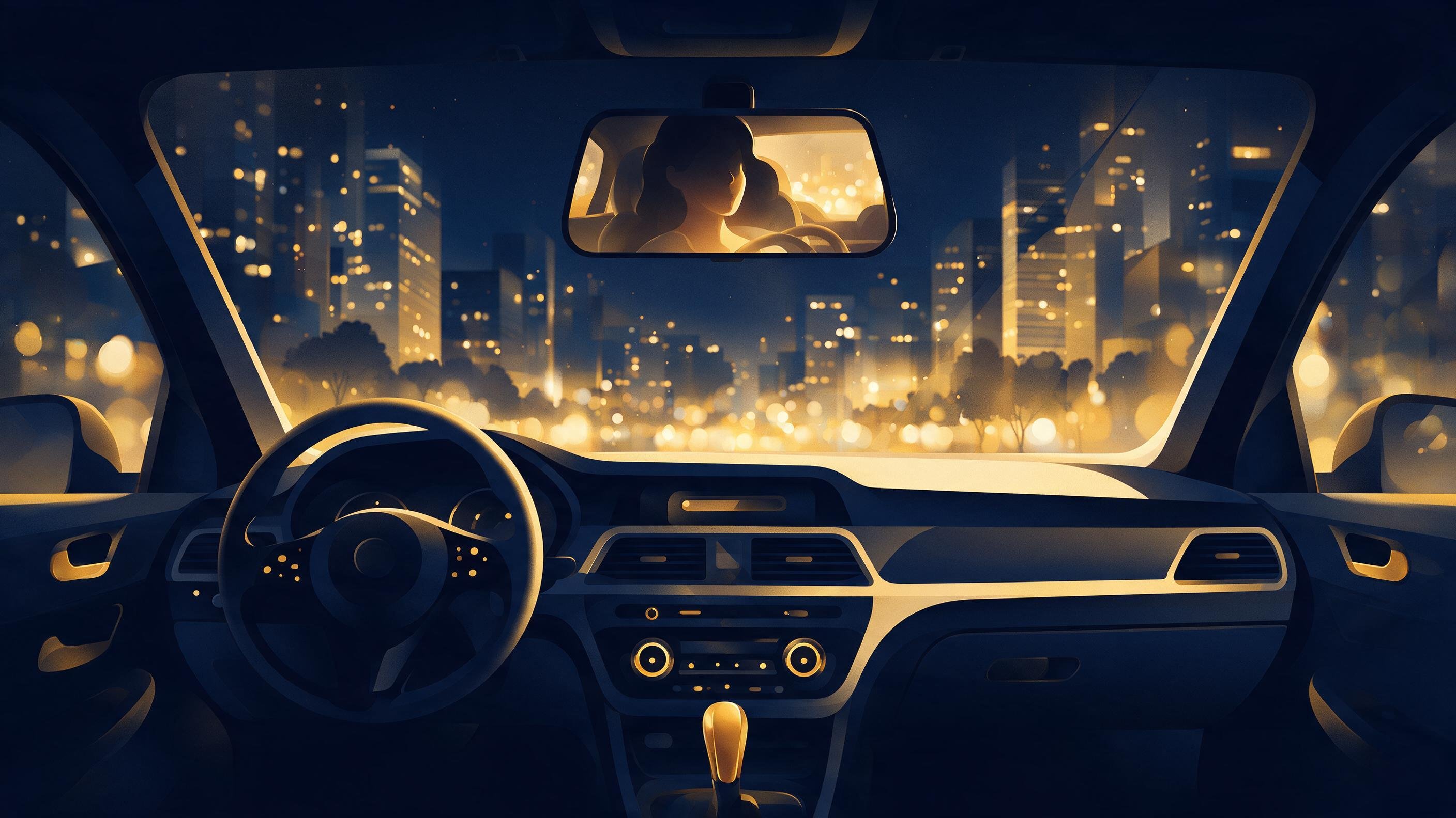 Motorista de aplicativo verificando o retrovisor durante corrida noturna — perspectiva de bordo