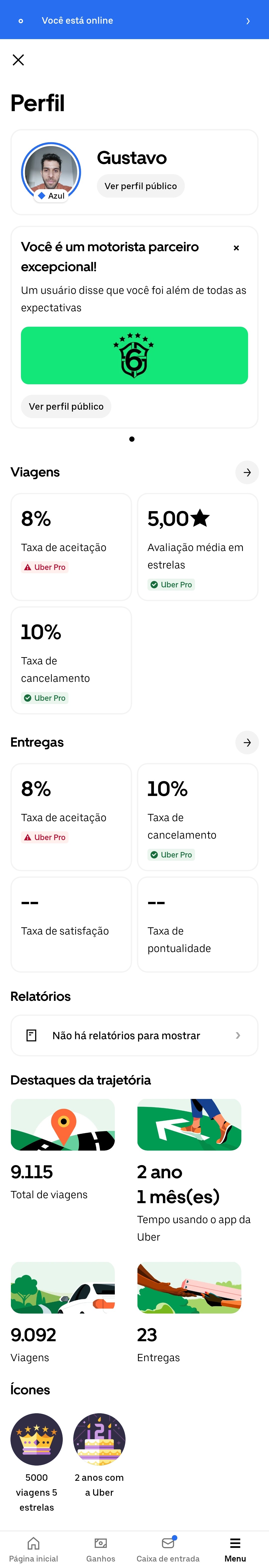 Perfil verificado de Gustavo Martins no app Uber Driver: 9.115 viagens, nota média 5,00, mais de 2 anos rodando