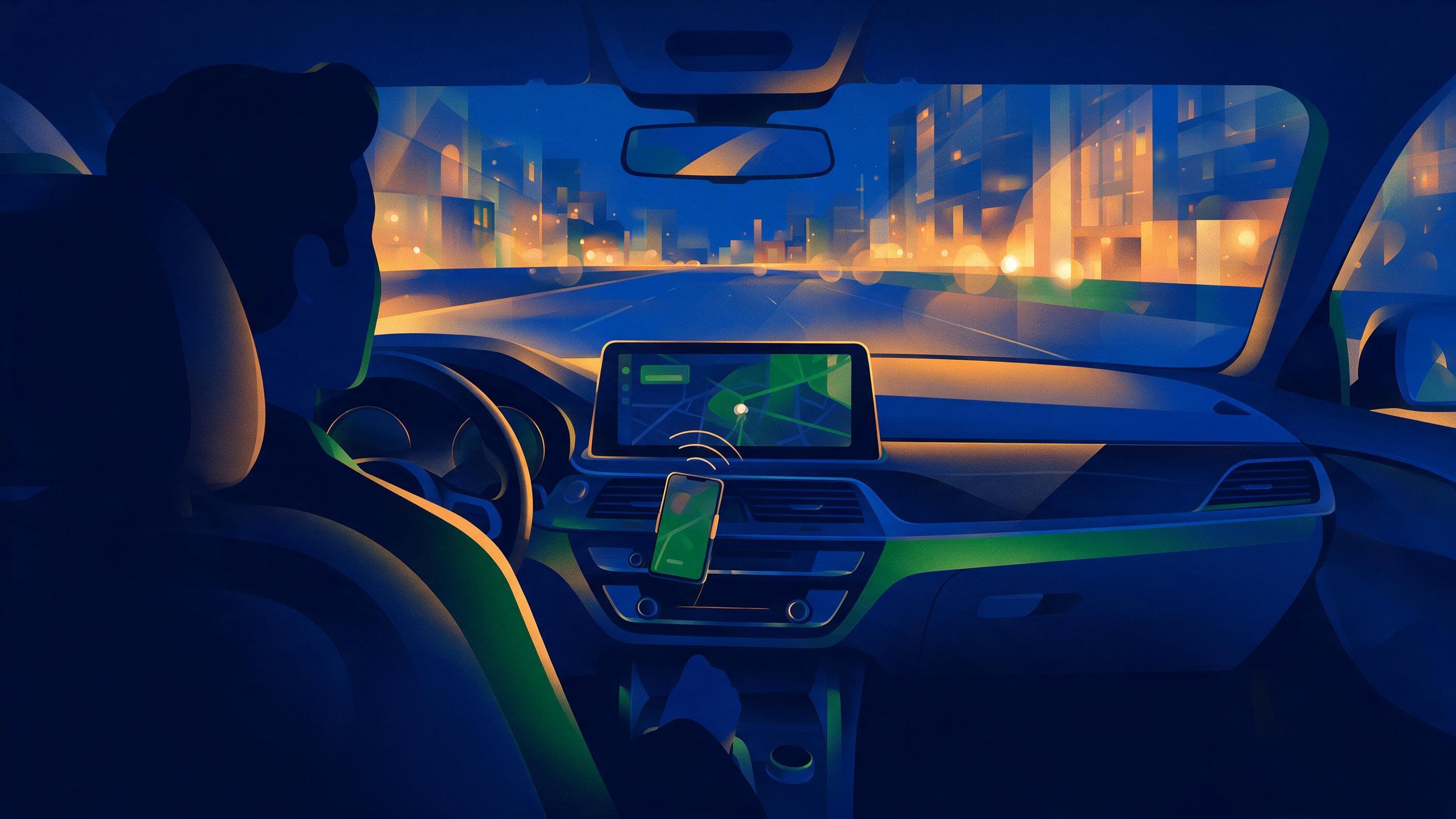 Smartphone conectado sem fio ao Android Auto no painel do carro — tela de navegação visível