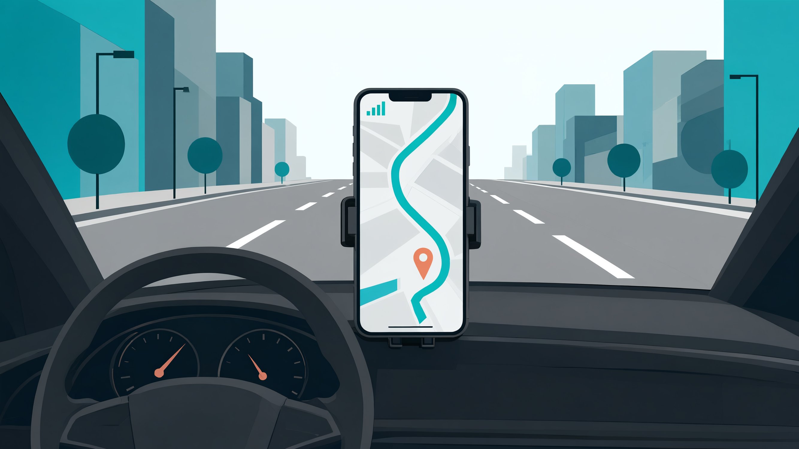 Smartphone montado no painel do carro mostrando sinal de conectividade e mapa de navegação