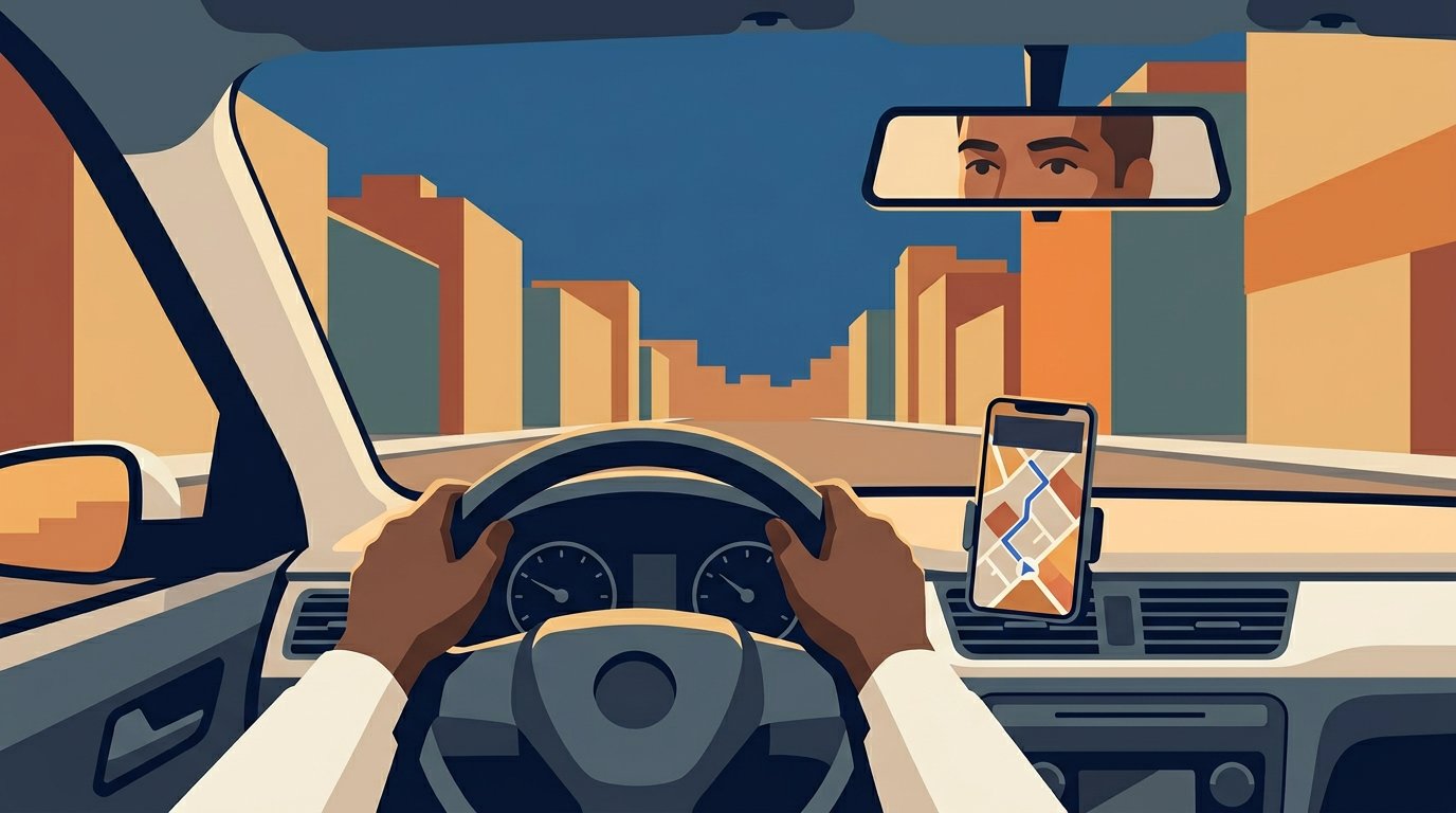 Motorista de aplicativo ao volante com smartphone no suporte do painel e cidade ao fundo — tecnologia no dia a dia de quem roda pela Uber