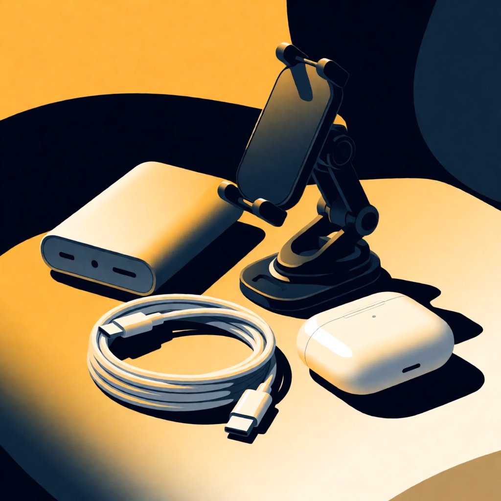 Setup de gadgets do motorista de aplicativo — power bank, suporte de celular e cabo organizados no carro