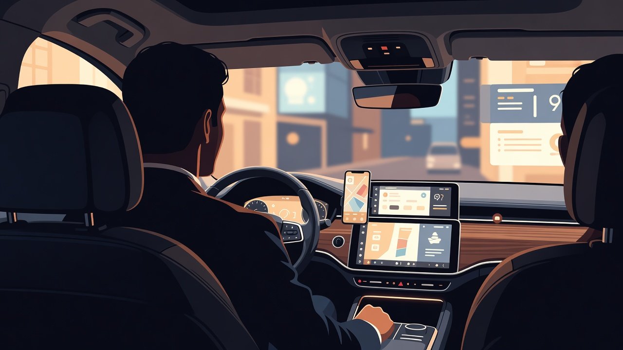 Visão do interior do carro com tecnologia de bordo — painel digital e smartphone no suporte