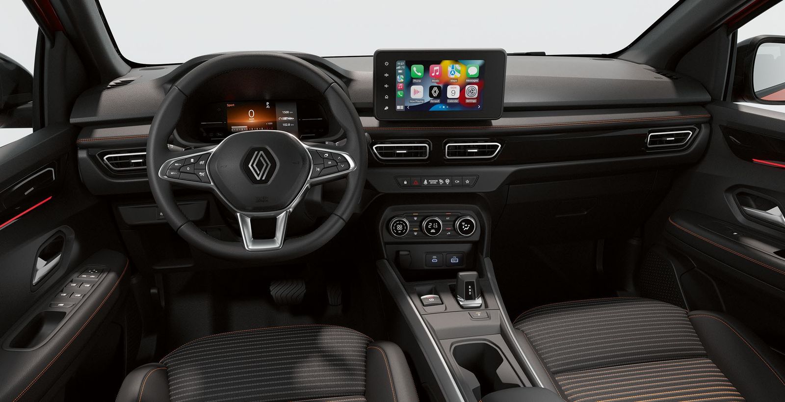 Painel interno do Renault Kardian, com central multimídia e câmbio EDC